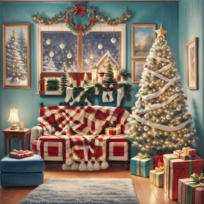 Cozy Christmas Living Room Painting Christmas Tree QR Code for Greeting Cards