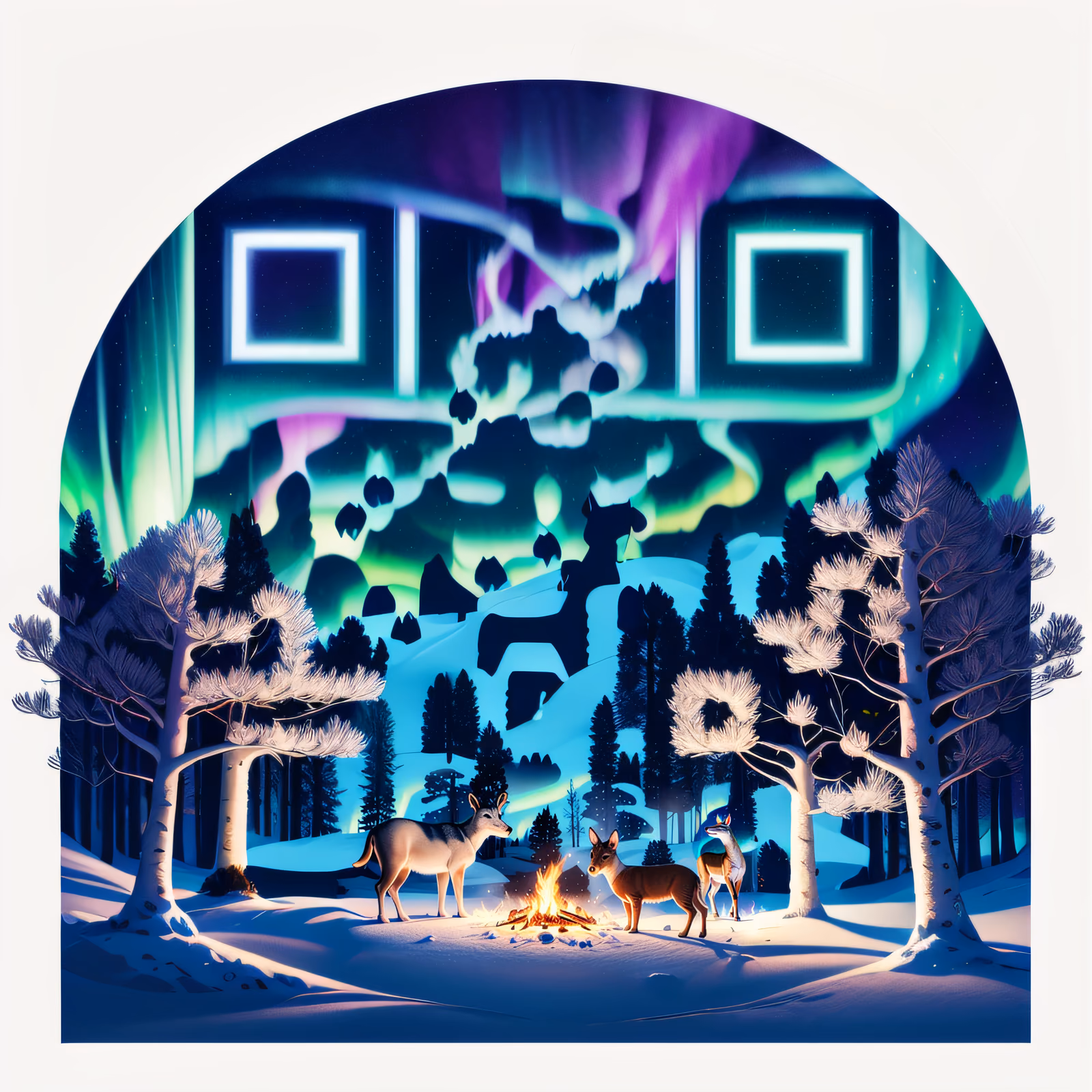 QR-код с оленями в зимнем лесу под северным сиянием для открыток — изображение 1