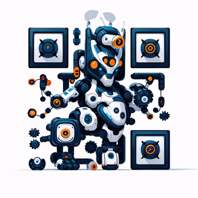 QR-код с милым роботом и шестерёнками в векторном стиле для стикеров — изображение 1