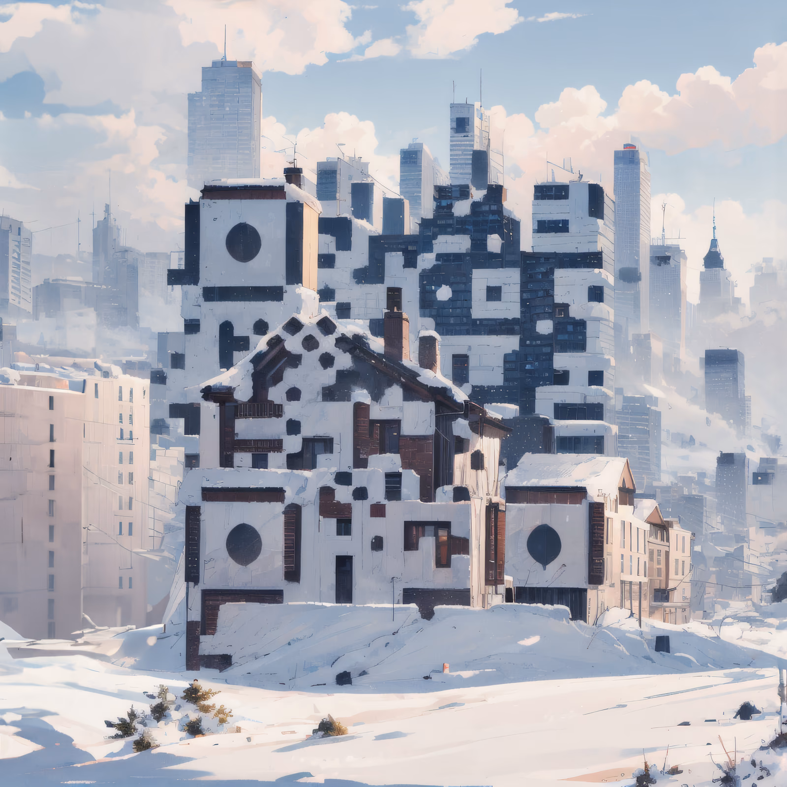 Snowy Hillside City Digital Painting QR Code Art — image 1