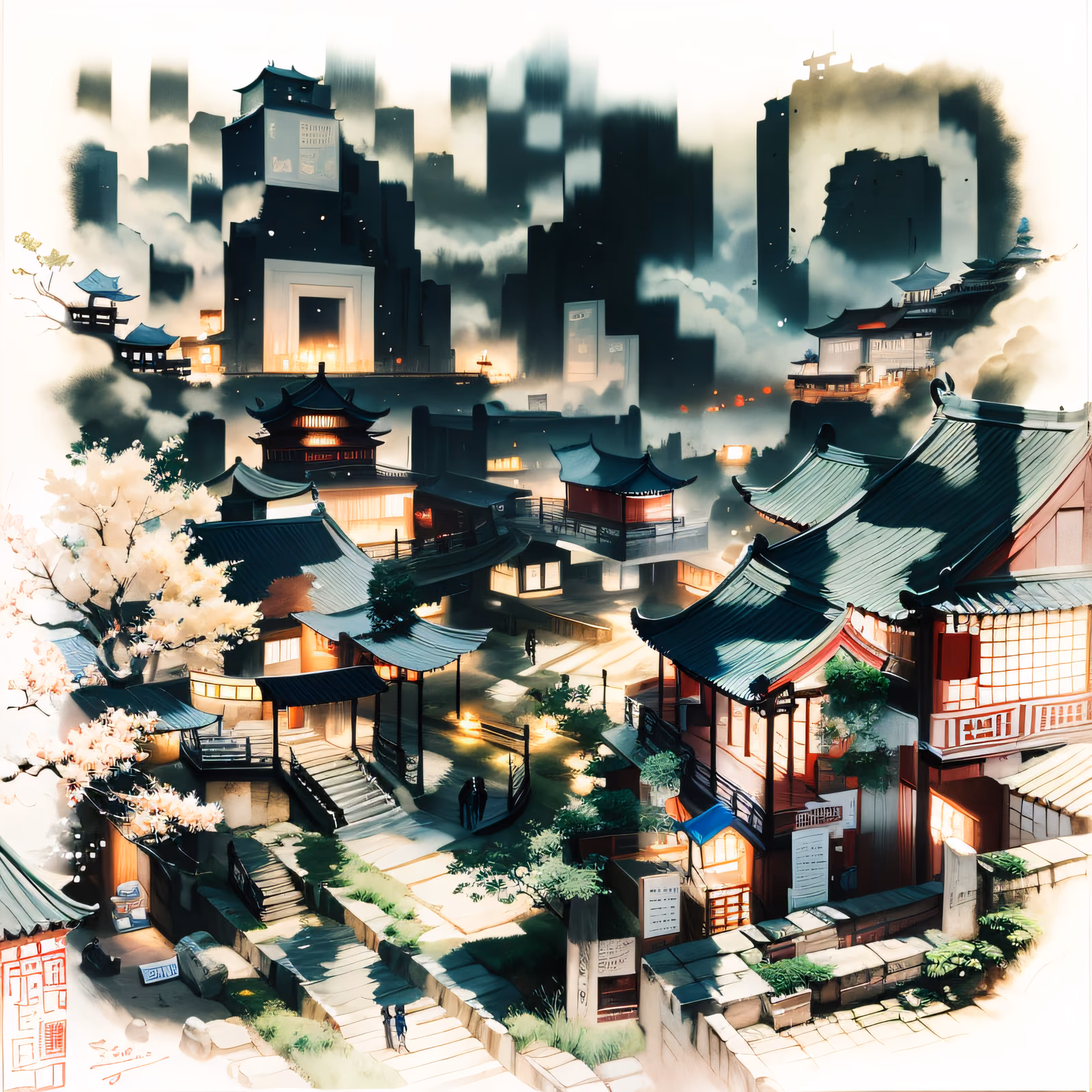 Chinese Hillside Town Ink Wash QR Code Art — image 1