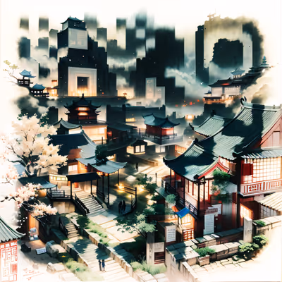 Chinese Hillside Town Ink Wash QR Code Art — image 1