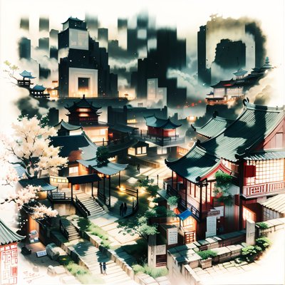 Chinese Hillside Town Ink Wash QR Code Art