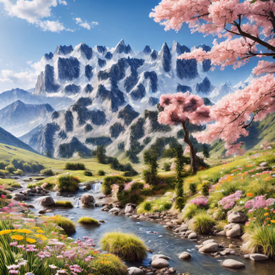 Alpine Stream Cherry Blossom Landscape QR Code Art — image 1