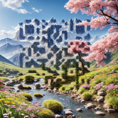 Alpine Stream Cherry Blossom Landscape QR Code Art