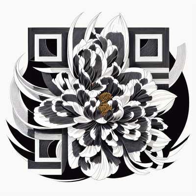 牡丹水墨线描纹身二维码设计,适用于临时纹身