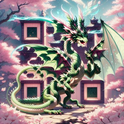 Зелёный дракон среди цветущей сакуры: QR-код для постеров