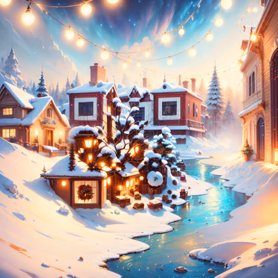 Snowy Christmas Village Digital Painting Winter QR Code for Greeting Cards — image 1