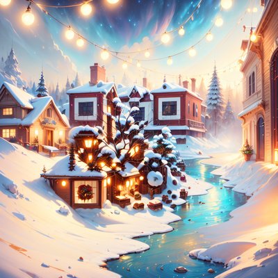 Snowy Christmas Village Digital Painting Winter QR Code for Greeting Cards