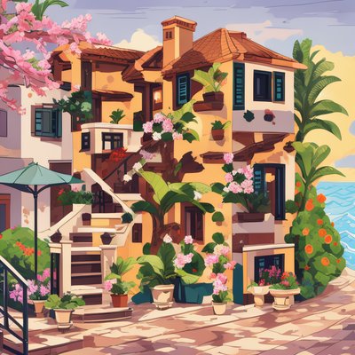 Mediterranean Seaside House Vector QR Code for Posters