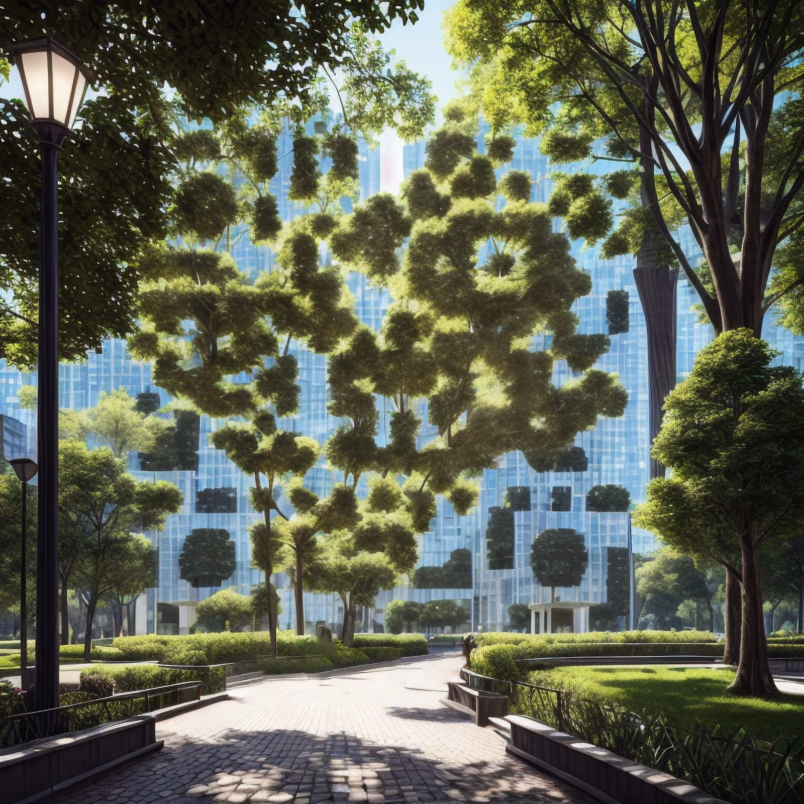 Urban Park Glass Skyscrapers Photorealistic QR Code Art — image 1