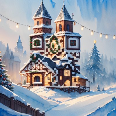 Snowy Christmas Tower Watercolor QR Code for Greeting Cards