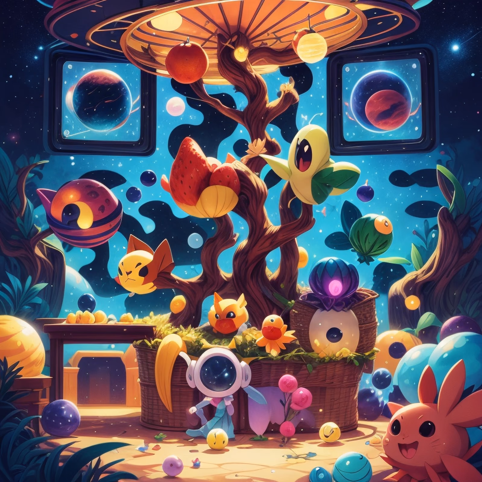 Cosmic Fruit Tree Creatures Cartoon QR Code for Posters — image 1
