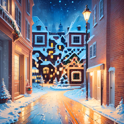 Snowy Christmas Street Digital Painting Stylized Illustration QR Code for Greeting Cards — image 1