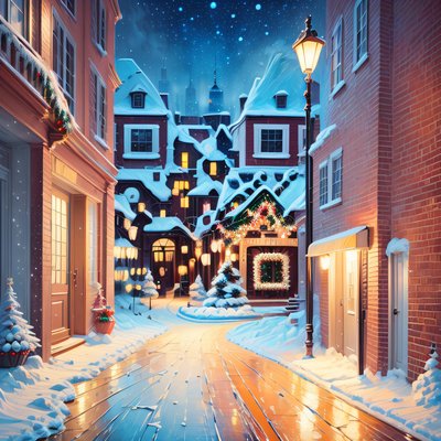 Snowy Christmas Street Digital Painting Stylized Illustration QR Code for Greeting Cards