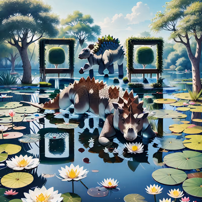 剑龙与睡莲池插画二维码艺术,适用于海报 — 图片 1