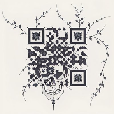 Skull and Thorny Vines Tattoo QR Code for Temporary Tattoos