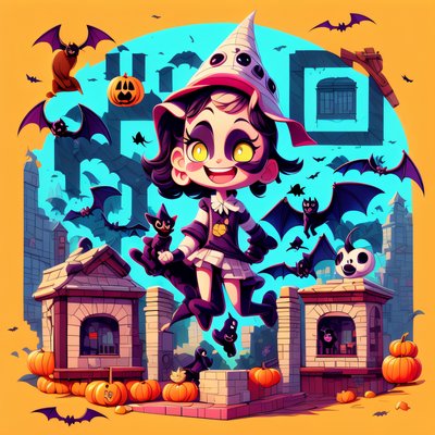 QR-код с мультяшной девочкой-ведьмой на Хэллоуин для постеров