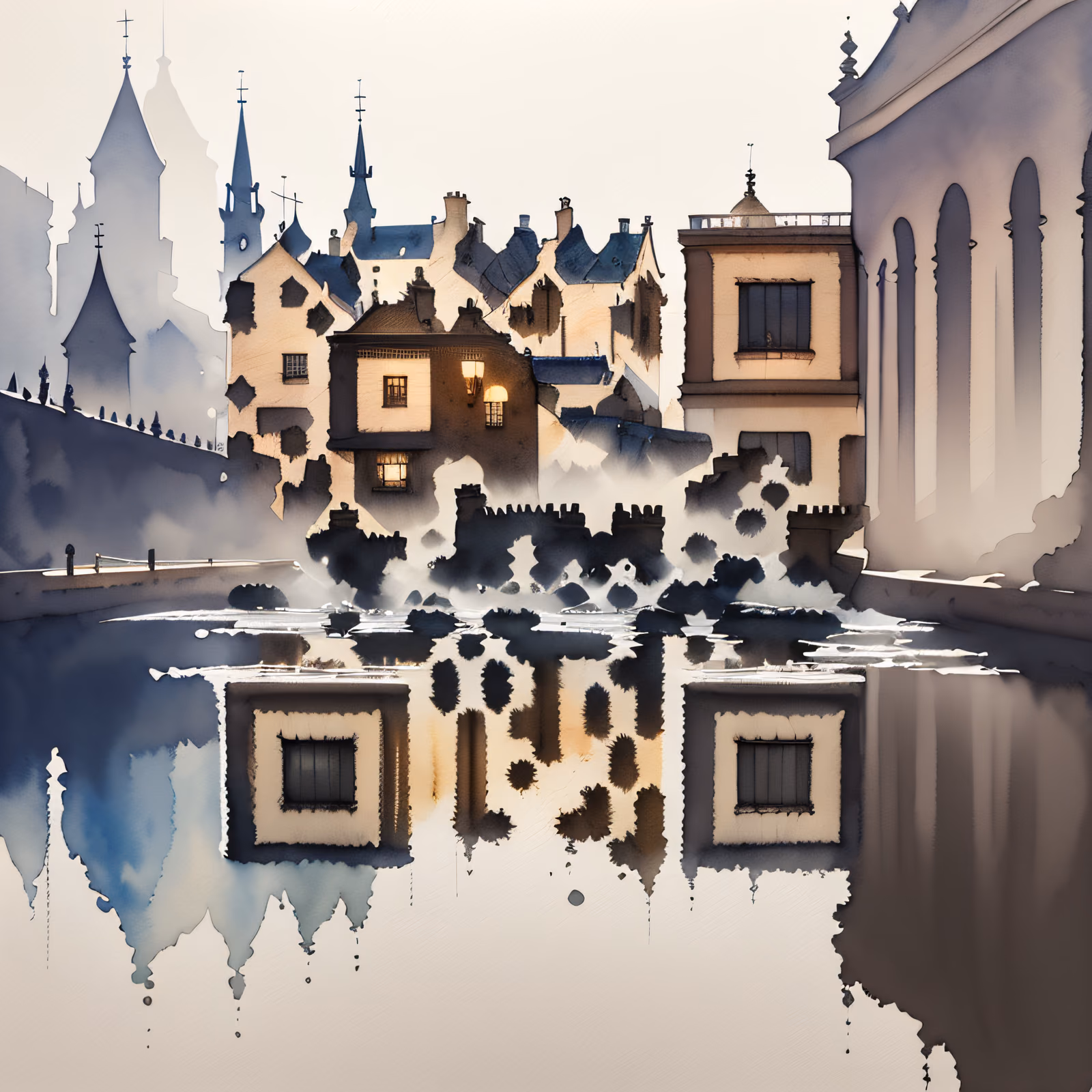 Misty Old Town Watercolor QR Code Art — image 1