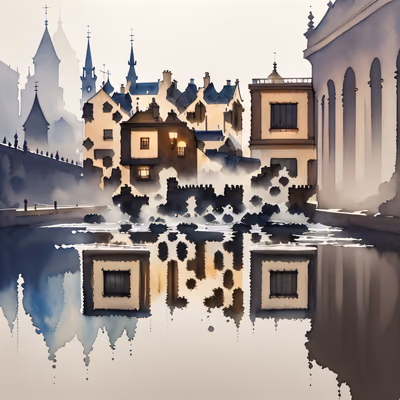 Misty Old Town Watercolor QR Code Art — image 1