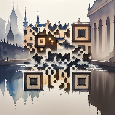 Misty Old Town Watercolor QR Code Art