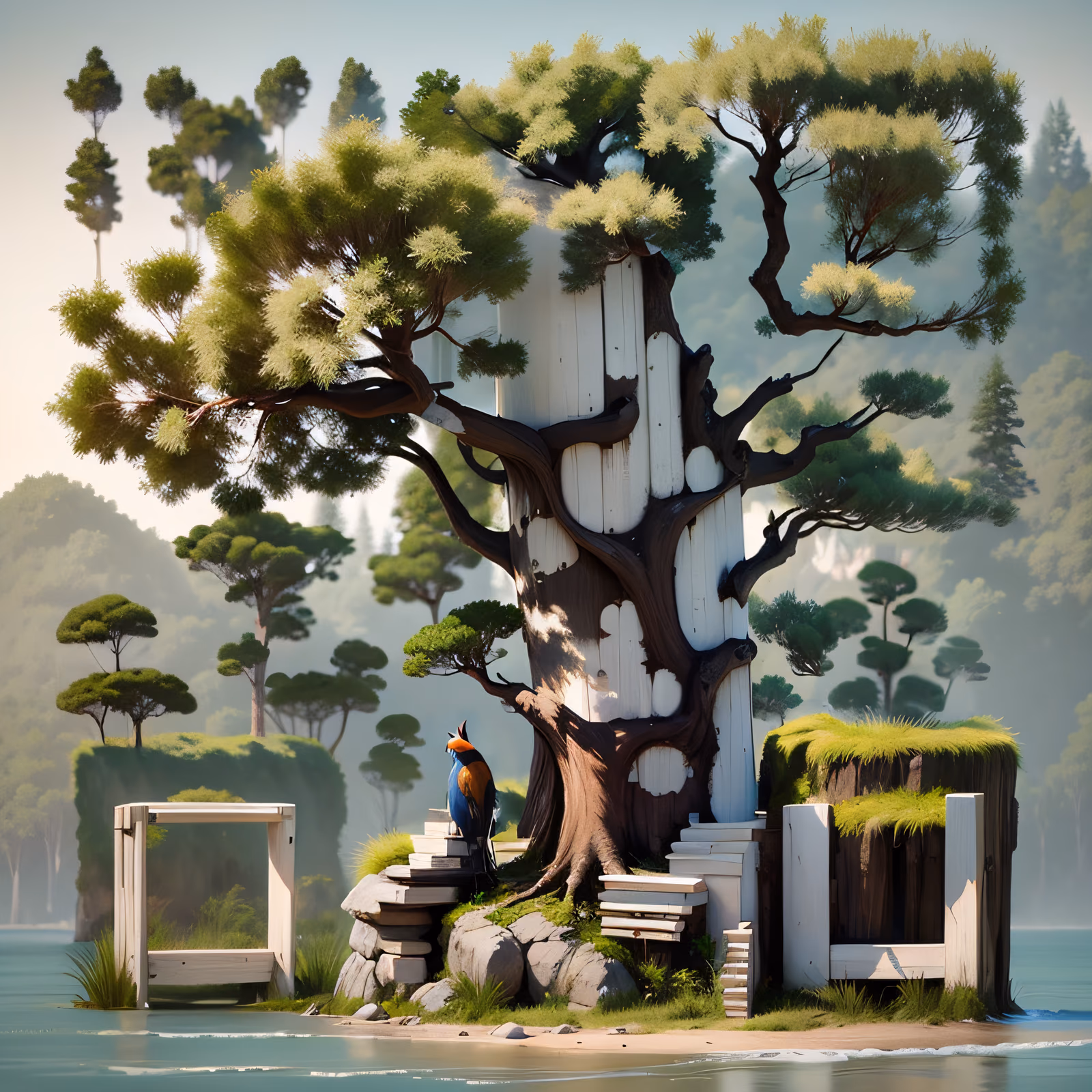 Lakeside Tree and Bird Painting QR Code Art — image 1