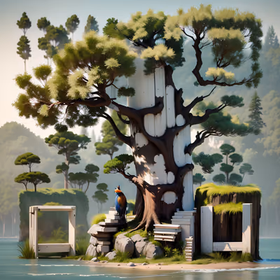 Lakeside Tree and Bird Painting QR Code Art — image 1