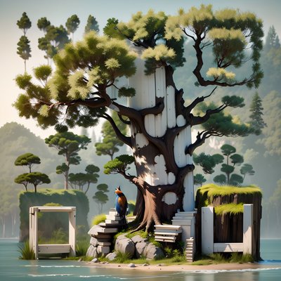 Lakeside Tree and Bird Painting QR Code Art