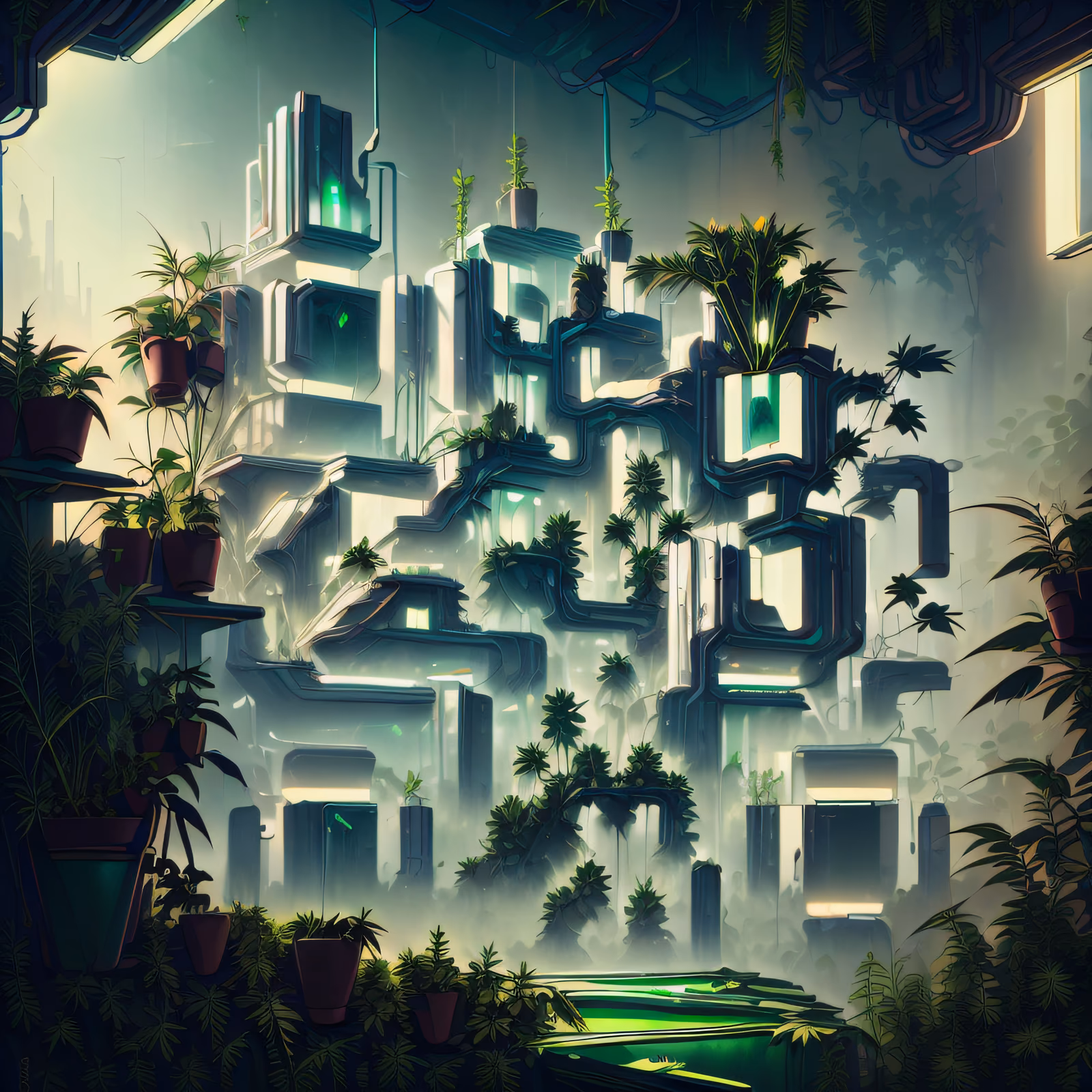 Overgrown Cyberpunk Plant Tower QR Code Art — image 1