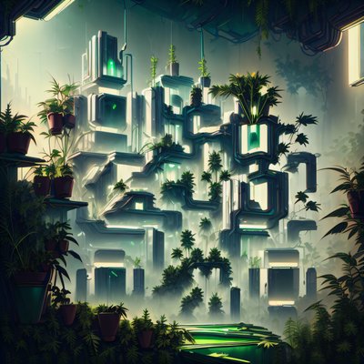 Overgrown Cyberpunk Plant Tower QR Code Art
