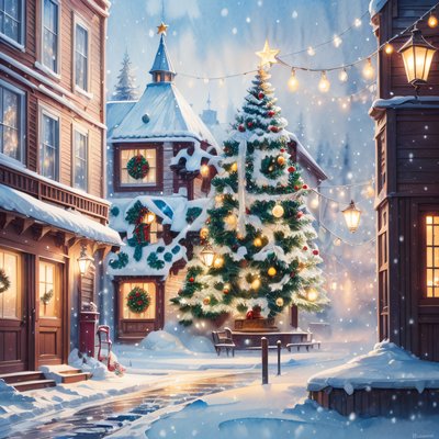 Snowy Christmas Village Tree QR Code for Greeting Cards