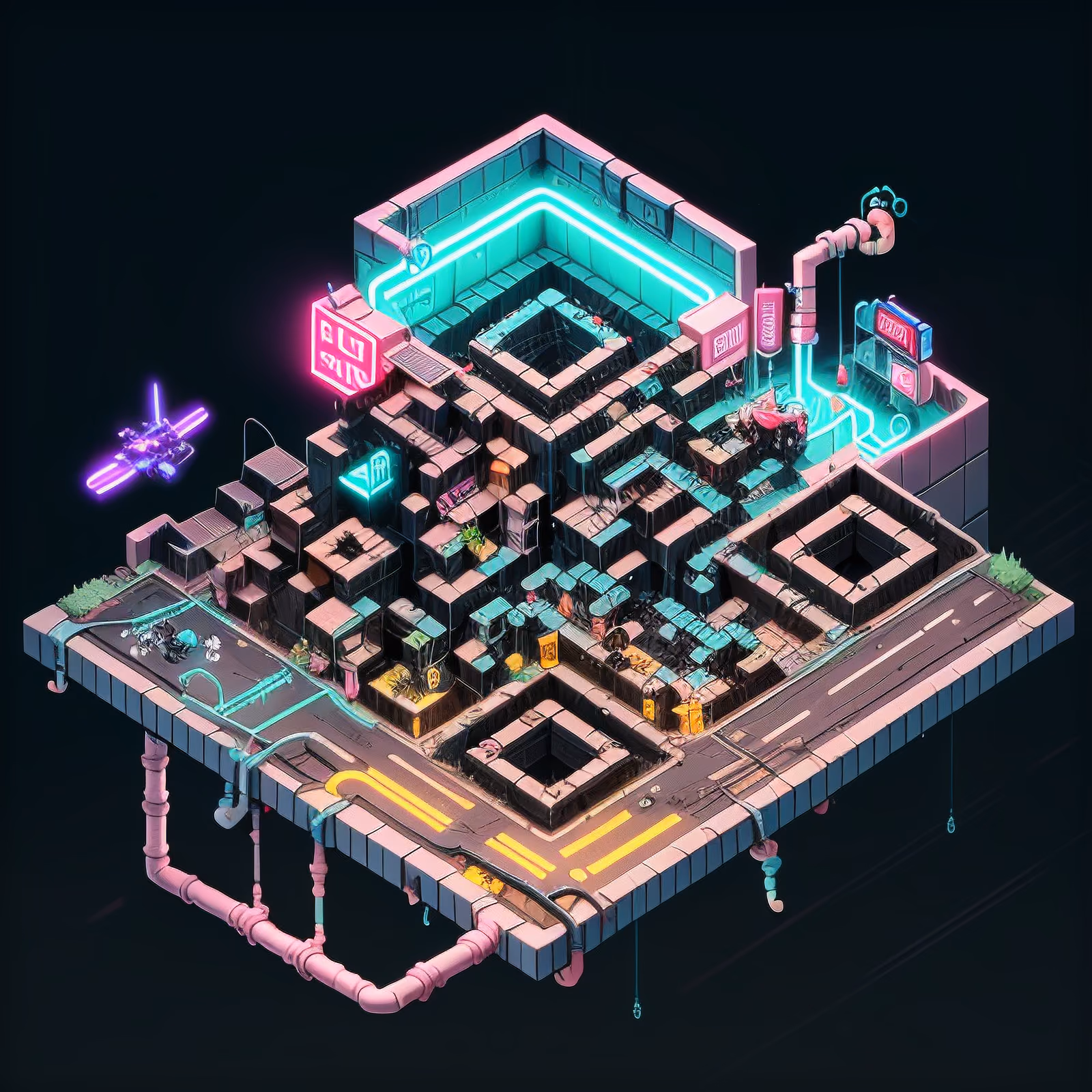 Isometric Cyberpunk Slum City QR Code for Posters — image 1