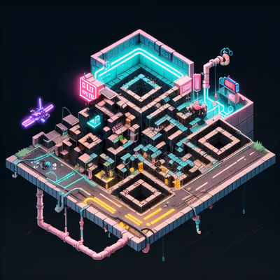 Isometric Cyberpunk Slum City QR Code for Posters — image 1