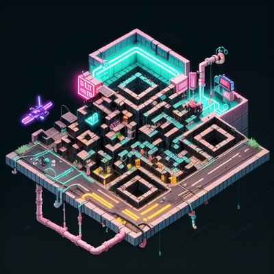 Isometric Cyberpunk Slum City QR Code for Posters