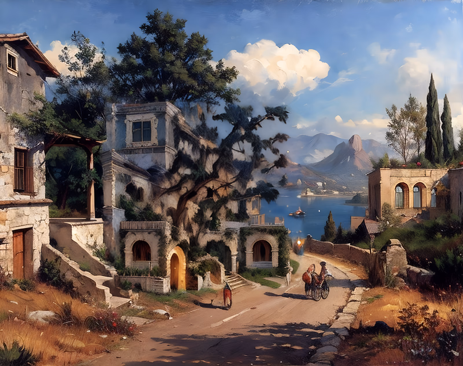 Italian Lakeside Village Oil Painting QR Code Art — image 1