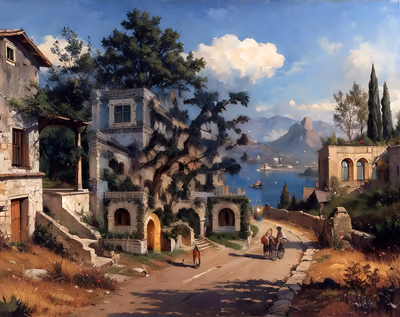 Italian Lakeside Village Oil Painting QR Code Art — image 1