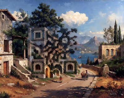 Italian Lakeside Village Oil Painting QR Code Art