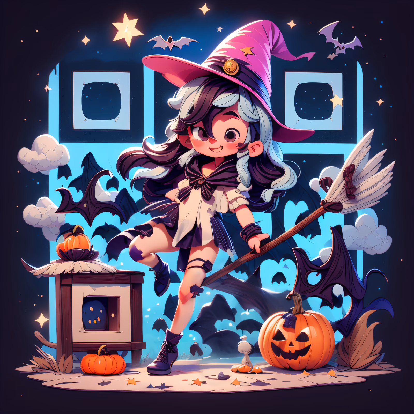Милая ведьмочка на Хэллоуин: мультяшный QR-код для наклеек — изображение 1