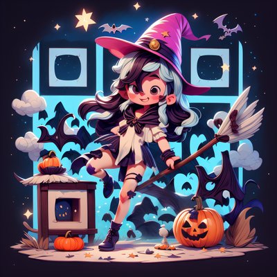 Cute Witch Halloween Cartoon QR Code for Stickers