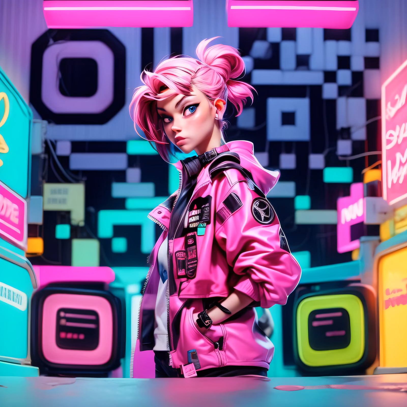 Pink Jacket Neon Girl Cyberpunk QR Code for Posters — image 1