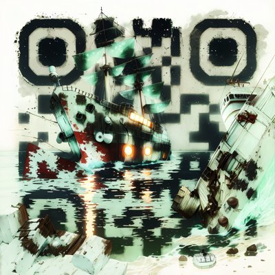 Цифровая живопись с ржавым кораблём: QR-код для постеров