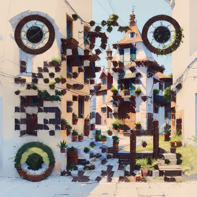 Sunlit Village Street Digital Painting QR Code Art — image 1