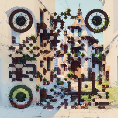 Sunlit Village Street Digital Painting QR Code Art
