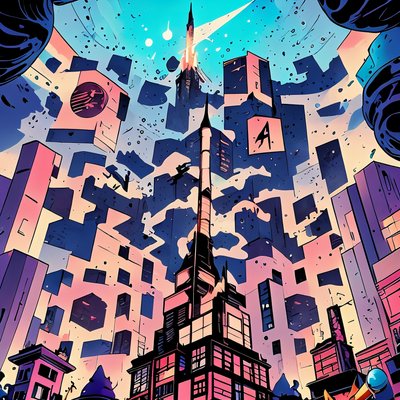 Comic Rocket Over City Skyline QR Code for Posters