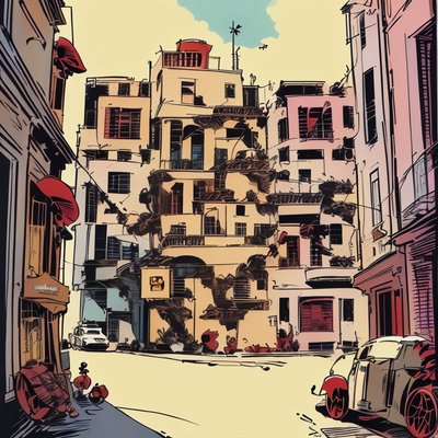 漫画风格城市街道建筑二维码艺术