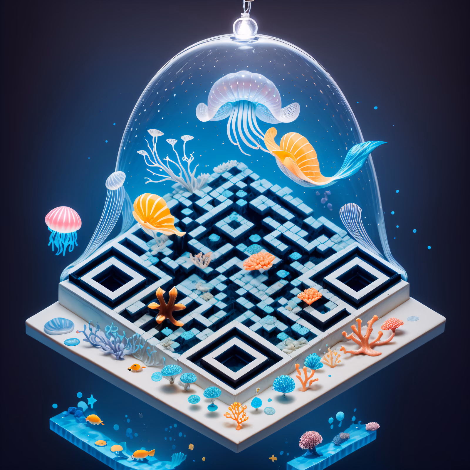 等距水族馆玻璃穹顶微缩景观二维码设计,适用于海报 — 图片 1