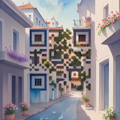 Colonial Street Flowers Watercolor QR Code Art