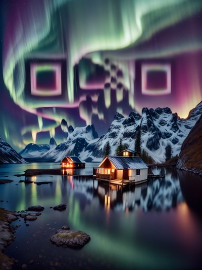 Northern Lights Fjord Cabin Photo QR Code Art