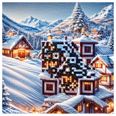 Snowy Mountain Village Christmas QR Code for Greeting Cards — image 1