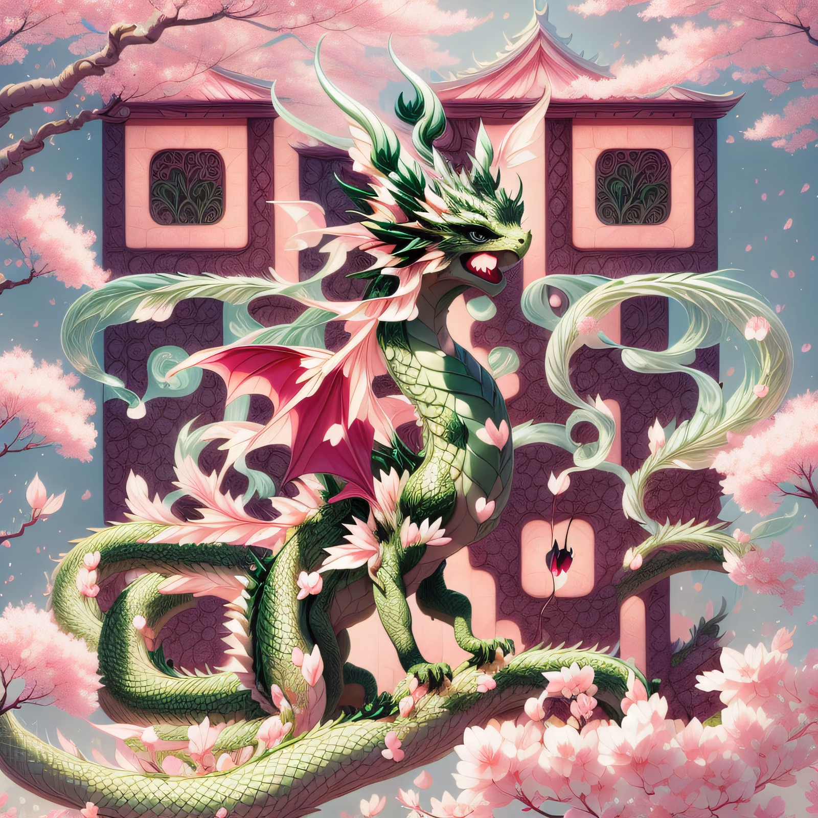 绿龙樱花奇幻海报二维码艺术 — 图片 1